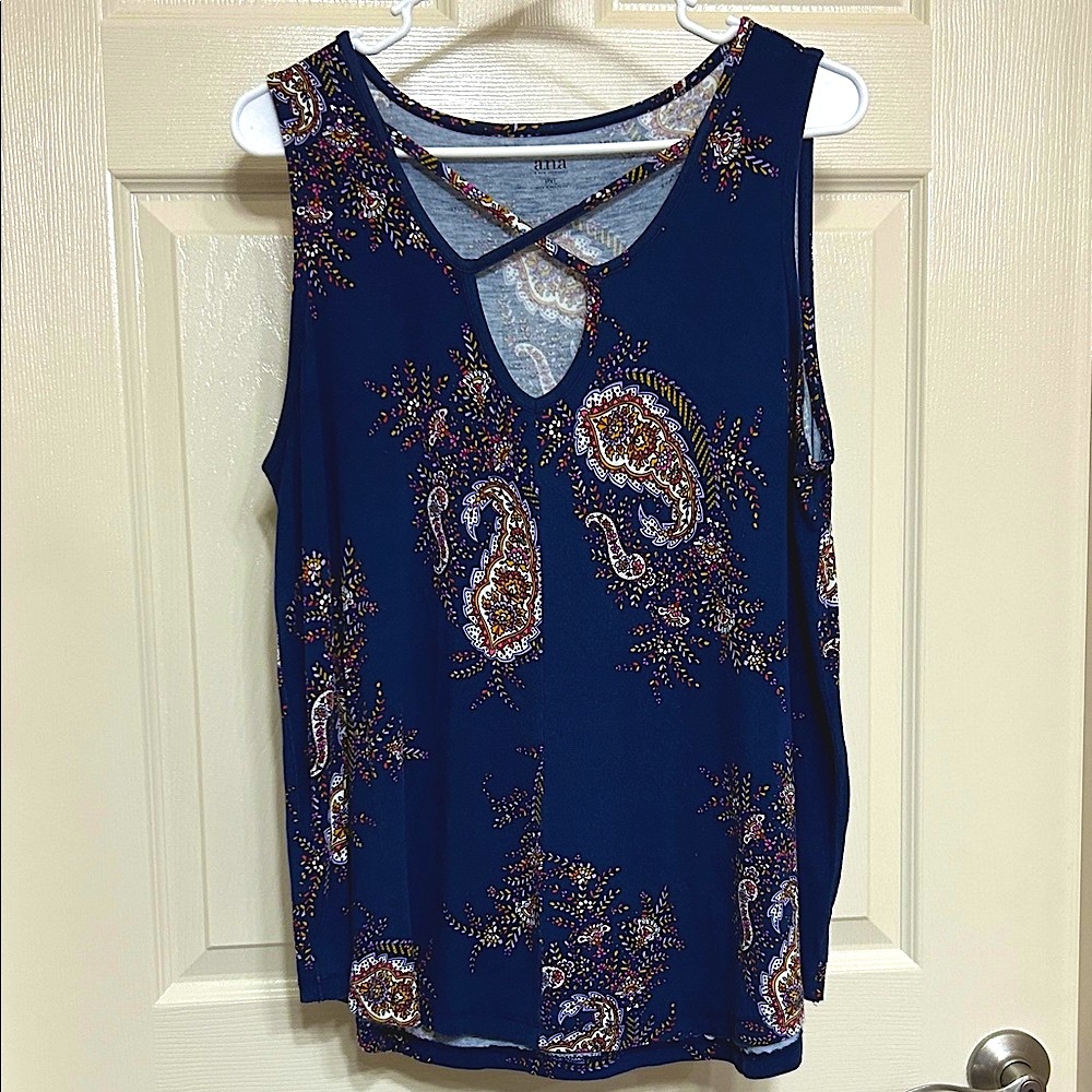 a.n.a. Blue Paisley Tank Top Boho Relaxed Fit Multicolor, Criss-Cross Neckline